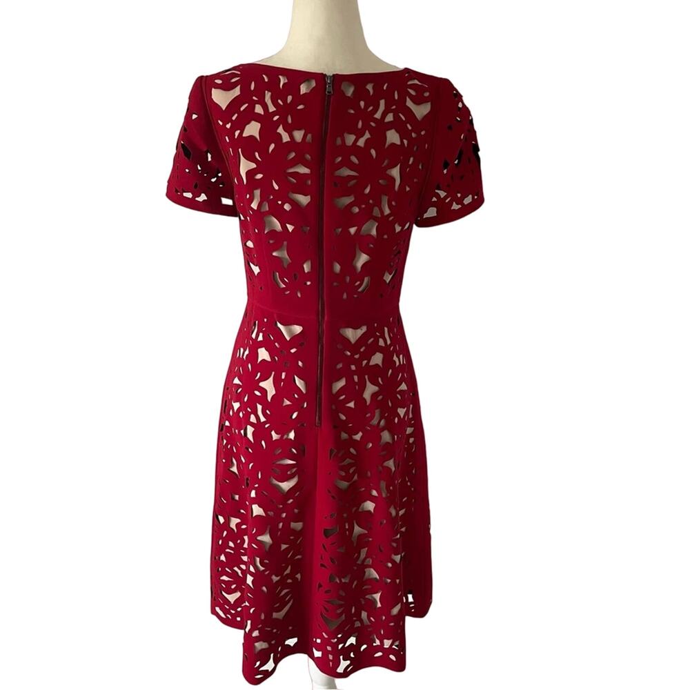 Moulinette Soeurs Red Laser Cut Floral Midi Dress - Size 4 - Picture 6 of 15